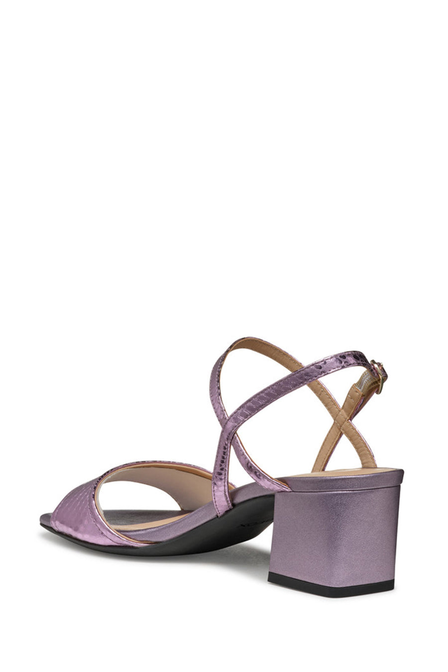 Geox Women Lilac New Eraklia 50 Ankle Buckle Thick Heel Metallic Leather Sandal