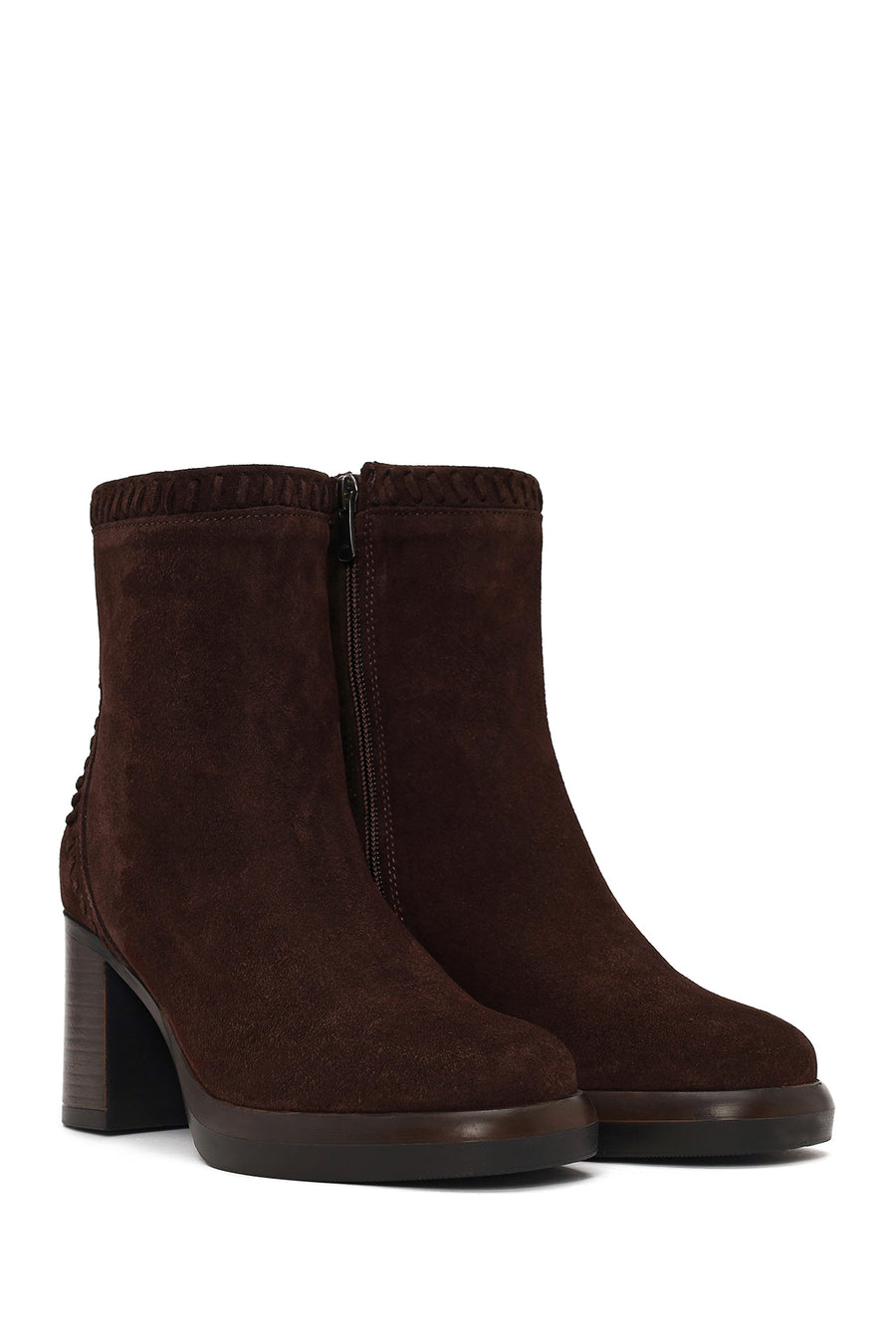 Woman Brown Zip Closure Chunky-Heeled Suede Leather Boots