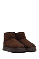 Woman Brown Thick-Soled Embellished Leather Teddy Boots | Derimod