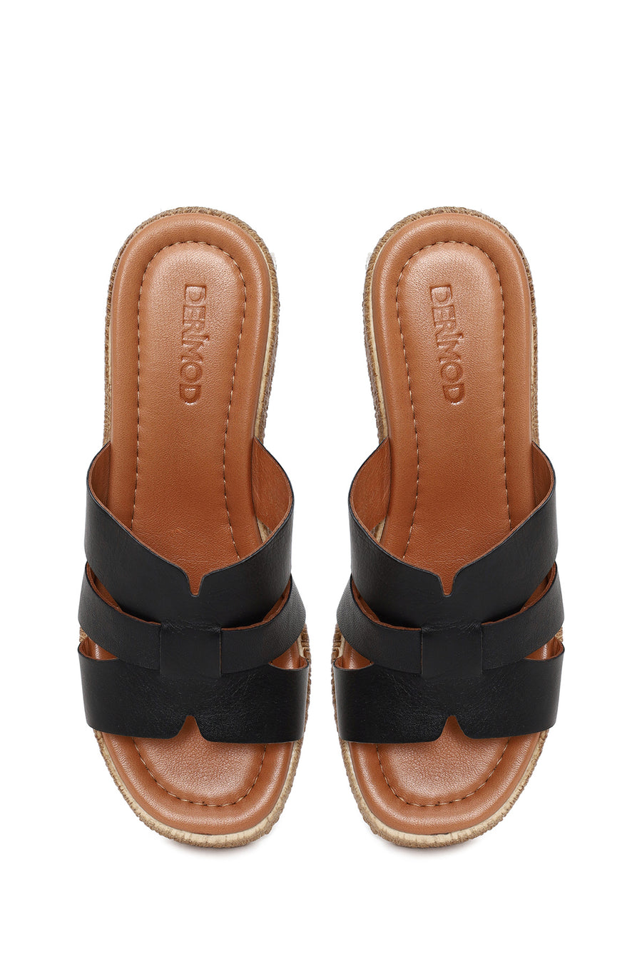 Woman Black Wedge Heeled Leather Slipper