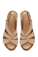 Woman Beige Wedge-Heeled Leather Comfort Sandal | Derimod