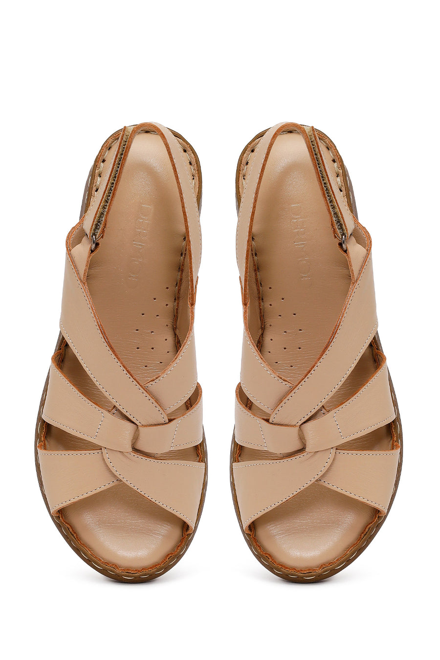 Woman Beige Wedge-Heeled Leather Comfort Sandal
