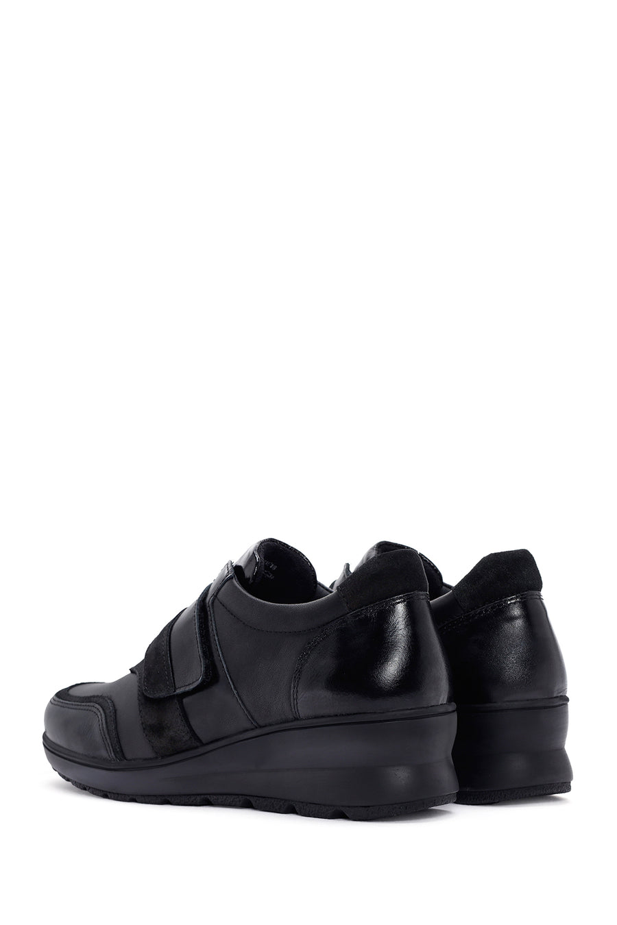 Women's Black Wedge Heeled Leather Comfort Shoes