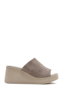 Women's Gray Wedge Heeled Suede Leather Slippers | Derimod