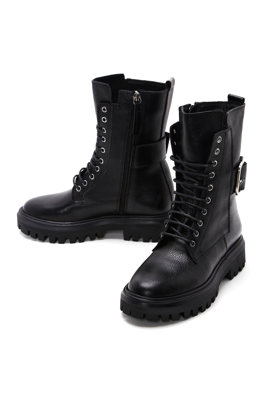 Women's Black Leather Buckle Zippered Boots