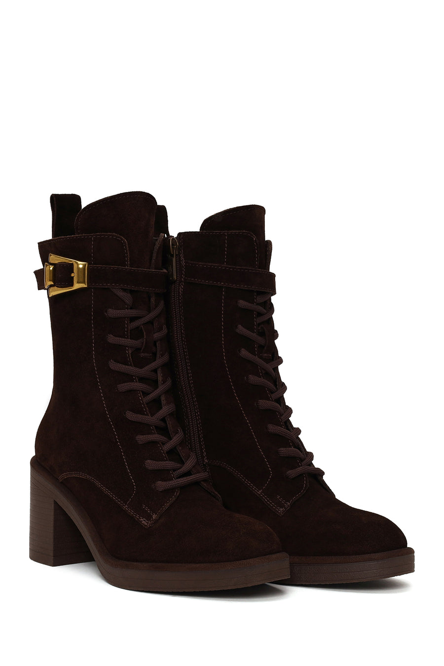 Woman Brown Zip Closure Chunky Heeled Suede Combat Boots