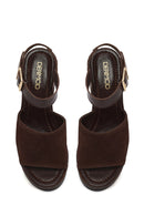 Woman Brown Ankle-Buckle Thick-Heel Suede Leather Sandals | Derimod