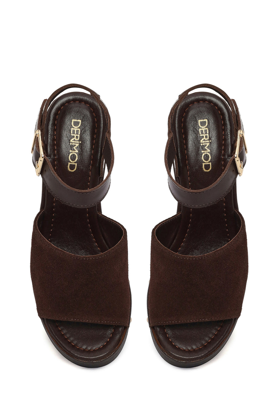 Woman Brown Ankle-Buckle Thick-Heel Suede Leather Sandals