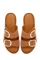 Women's Tan Buckle Suede Leather Comfort Slippers | Derimod