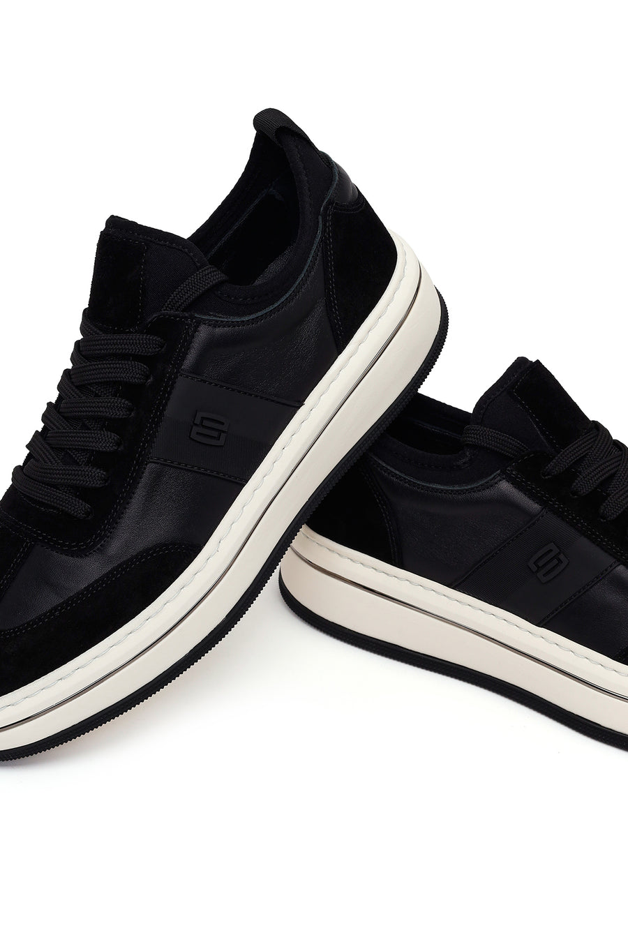 Male Black Lace-Up Thick-Soled Leather Sneaker