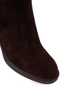 Woman Brown Zip Closure Chunky Heeled Suede Boots | Derimod