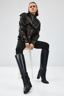 Crystal Women's Black Biker Leather Jacket | Derimod
