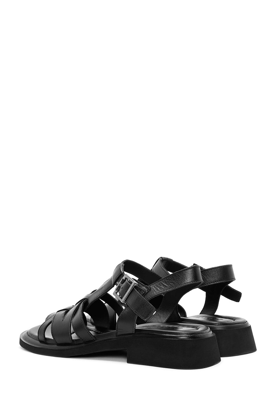 Women's Black Leather Ankle Buckle Sandals