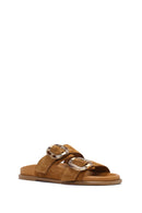 Women's Tan Double Buckle Suede Leather Slippers | Derimod