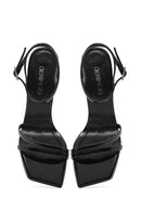 Women's Black Ankle Buckle Stoned Thin Heel Patent Leather Sandals | Derimod