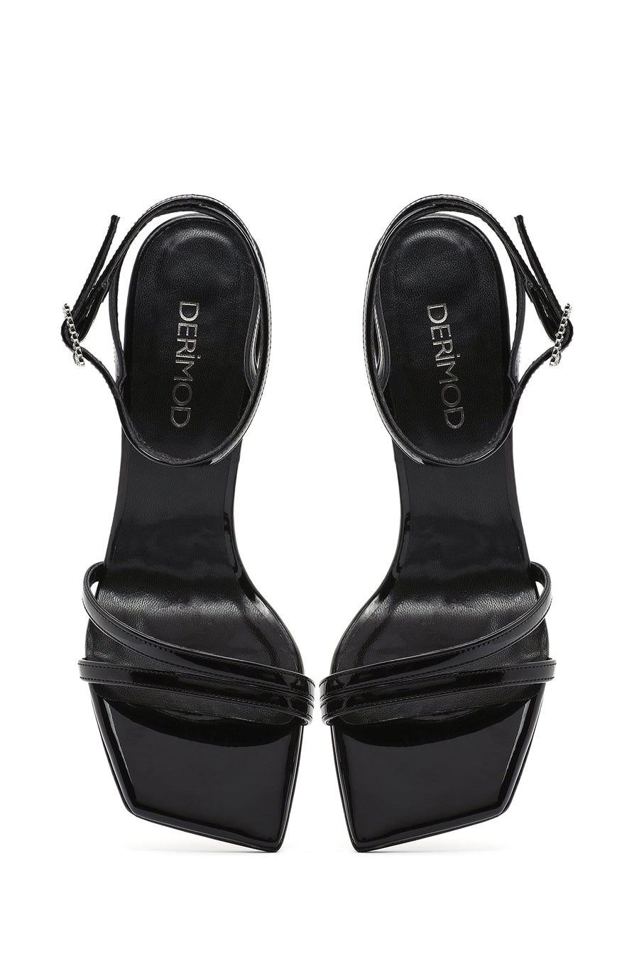 Women's Black Ankle Buckle Stoned Thin Heel Patent Leather Sandals
