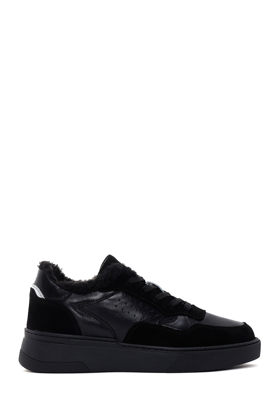 Women's Black Thick Sole Furry Leather Sneaker 23WFD420614 | Derimod