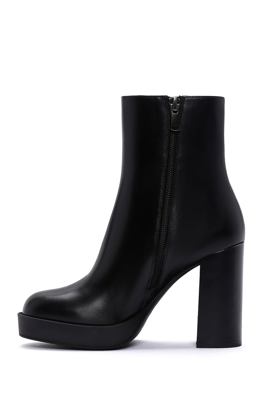 Women's Black Zippered Thick Heeled Leather Boots