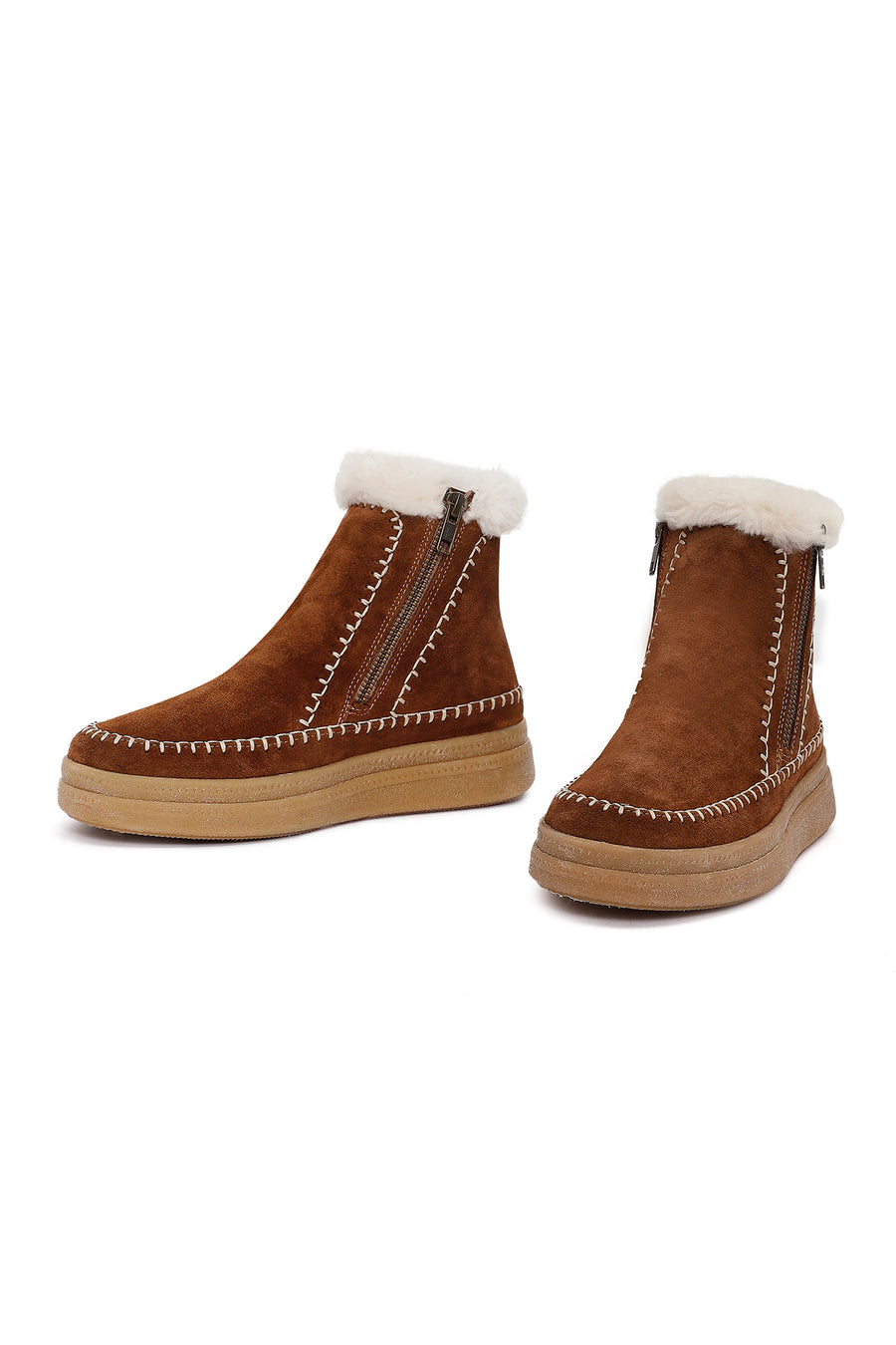 Woman Brown Zippered Thick-Soled Suede Leather Teddy Bot
