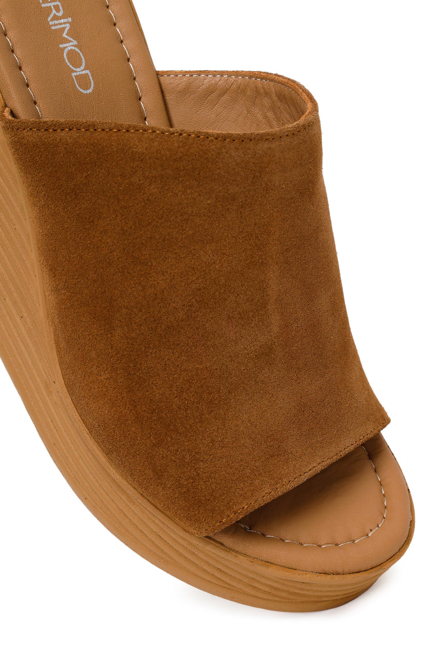 Woman Tan Wedge-Heel Suede Leather Slippers