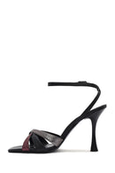 Women's Black Ankle Strap Thin High Heel Patterned Leather Sandals | Derimod