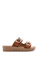 Women's Brown Double Buckled Thick Soled Slippers | Derimod