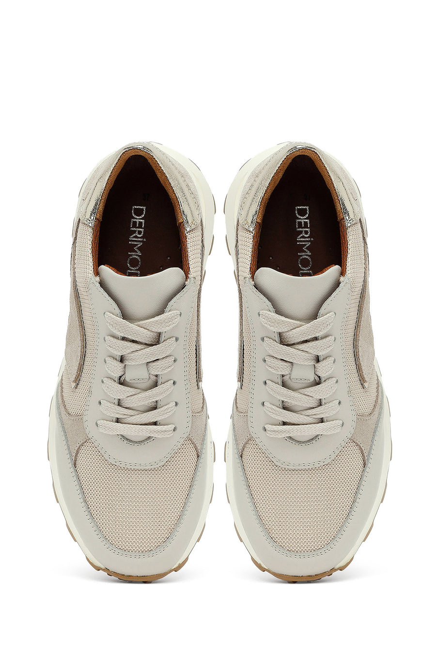 Woman Beige Lace-Up Thick Sole Leather Sneakers