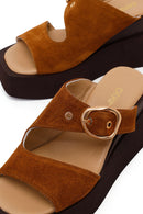 Woman Tan Buckled Wedge Heel Suede Slipper | Derimod