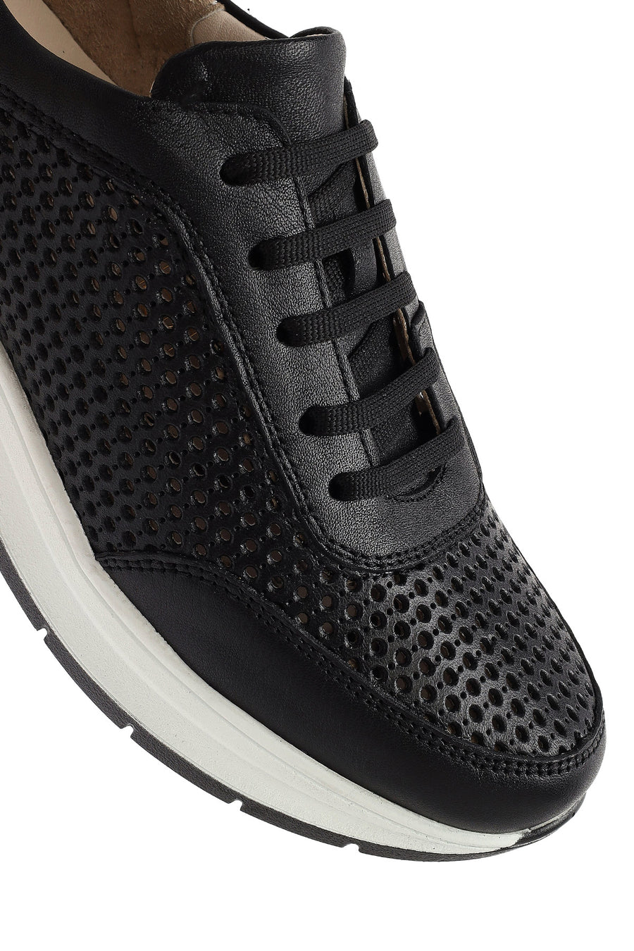 Women's Black Lace-up Thick-Sole Leather Sneaker