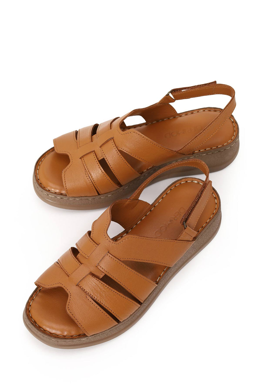 Woman Tan Strappy Thick-Soled Leather Comfort Sandal