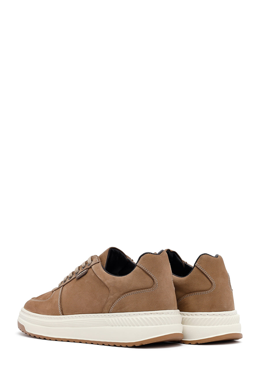Men's Beige Lace-Up Thick-Soled Nubuck Leather Sneakers