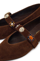 Women's Brown Suede Leather Ballet Flats with Rhinestones | Derimod