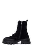 Woman Black Zip Closure Chunky-Heeled Suede Combat Boots | Derimod