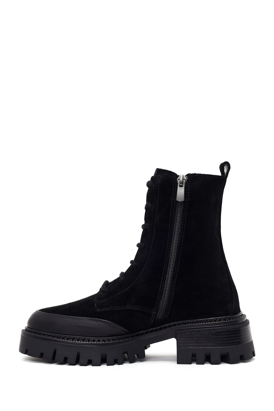 Woman Black Zip Closure Chunky-Heeled Suede Combat Boots