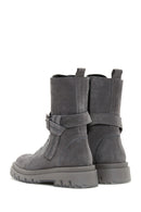 Women's Gray Suede Leather Buckle Flat Boots | Derimod