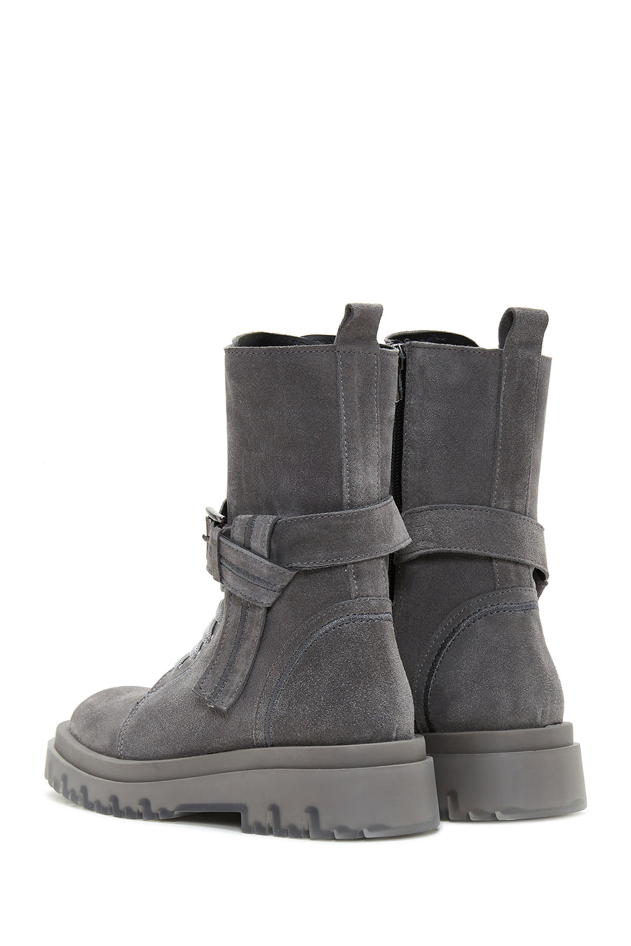 Women's Gray Suede Leather Buckle Flat Boots