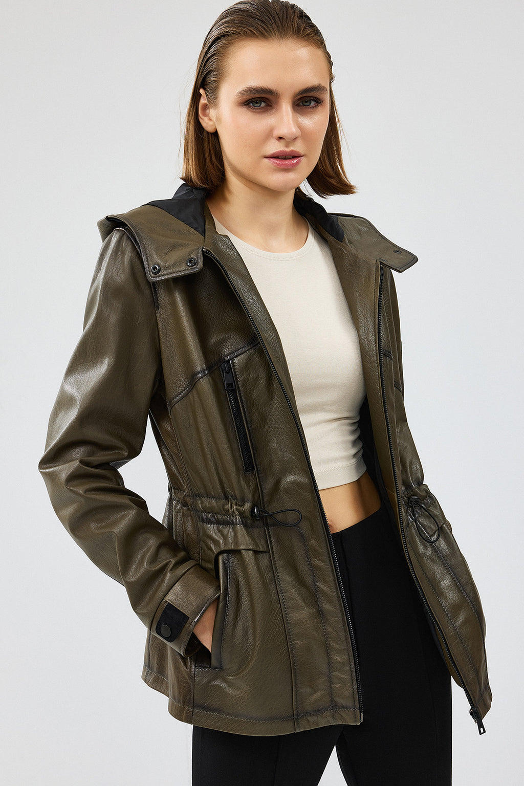 Jessica Kadın Haki Kapüşonlu Deri Ceket