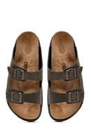 Men's Khaki Buckled Nubuck Leather Slippers | Derimod