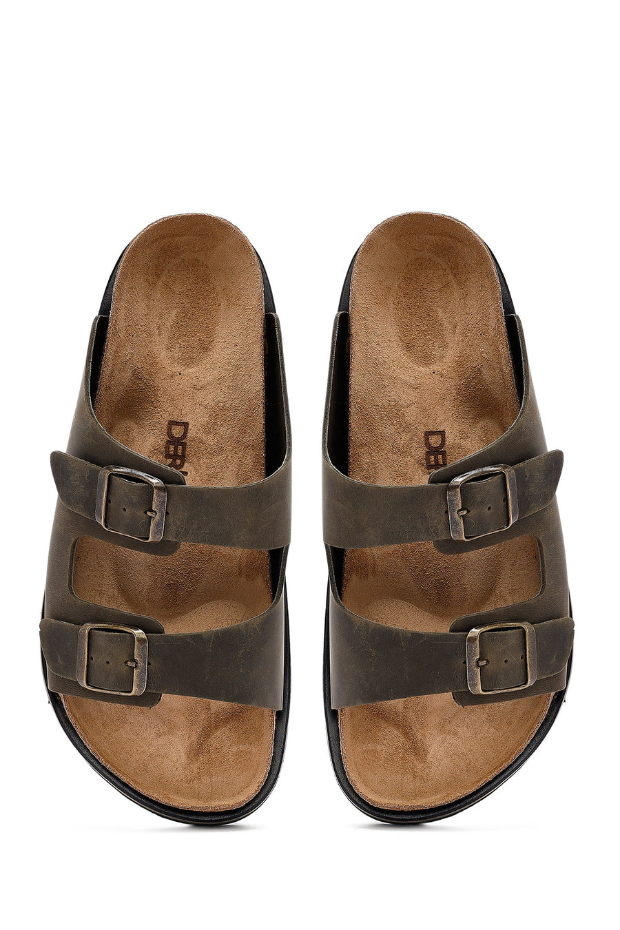 Men's Khaki Buckled Nubuck Leather Slippers