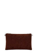 Woman Brown Printed Suede Clutch Bag with Long Chain Strap | Derimod