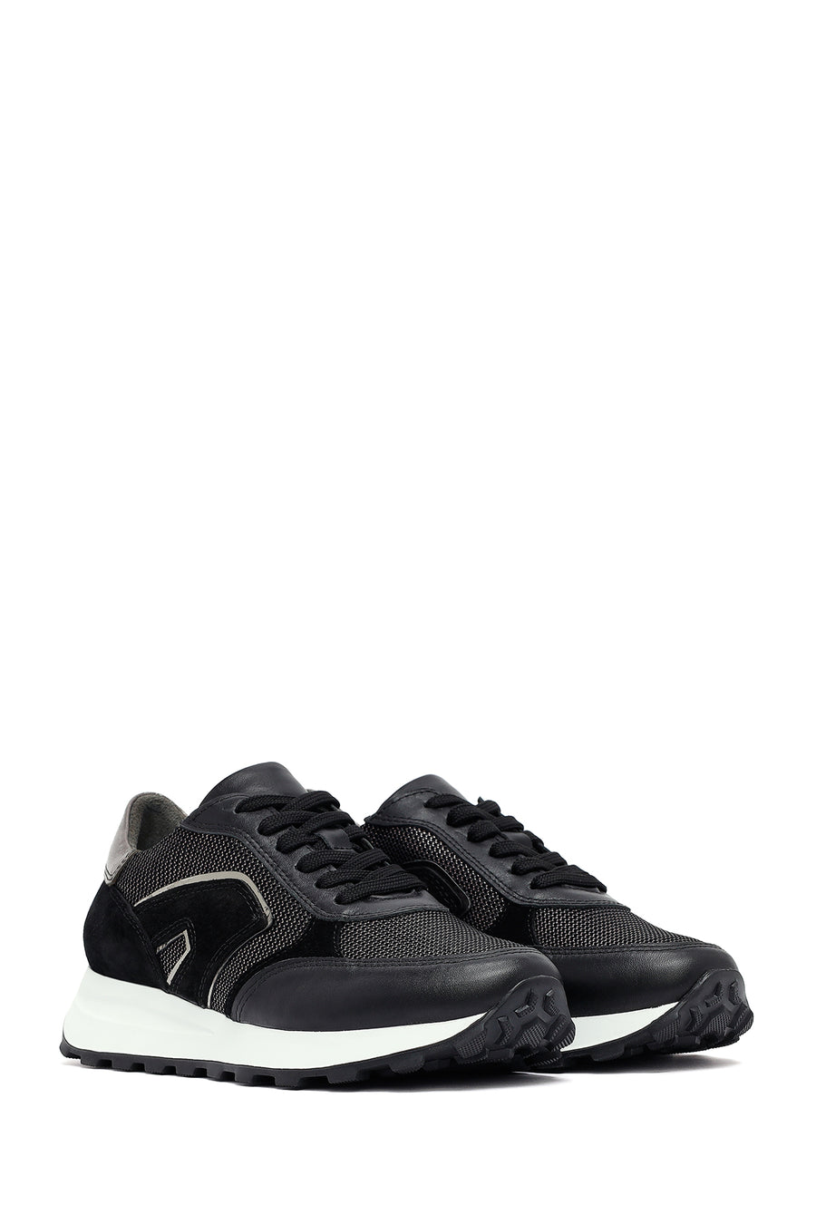 Woman Black Lace-Up Thick Sole Leather Sneakers