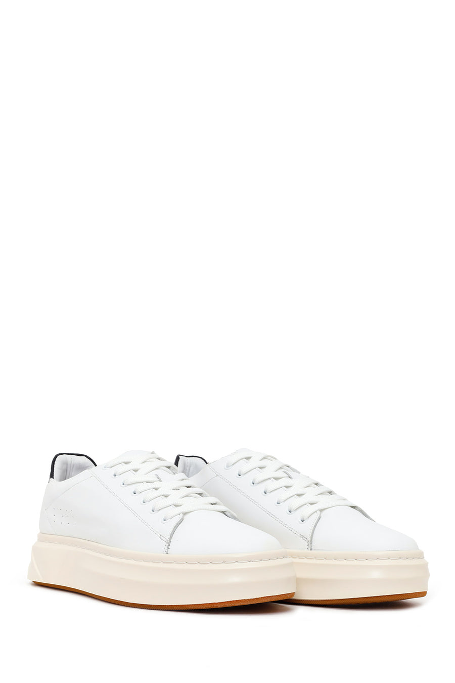 Men's White Lace-Up Thick-Soled Leather Sneakers