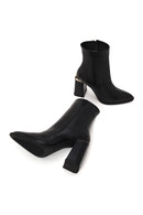 Woman Black Zip Closure Thick-Heeled Leather Boots | Derimod