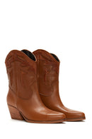 Women's Tan Leather Heeled Cowboy Western Boots | Derimod