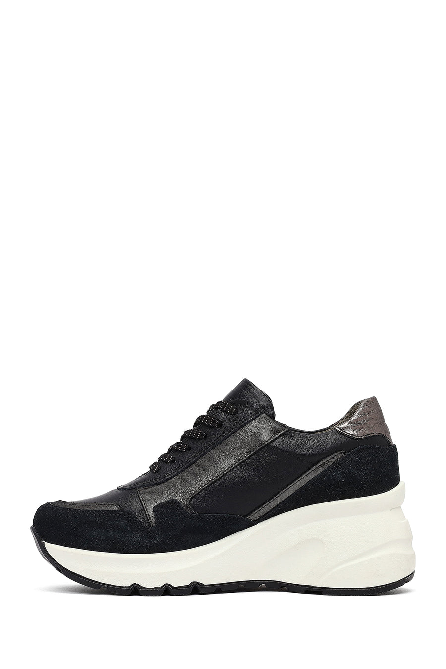 Woman Black Lace-Up Zipper Detailed Wedge Heels Leather Sneakers