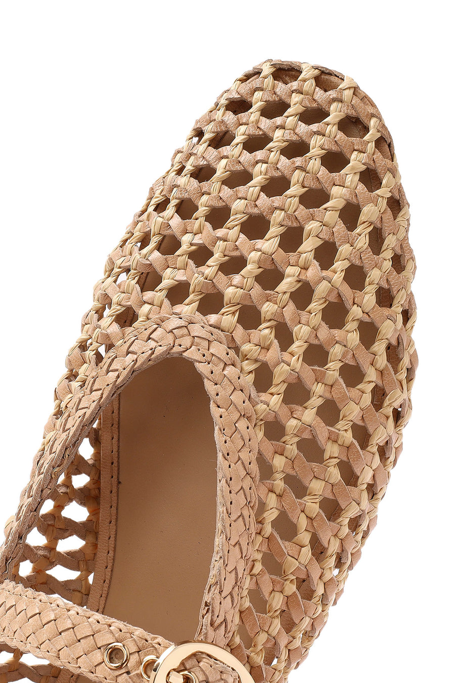 Women's Beige Buckled Straw Leather Ballerinas