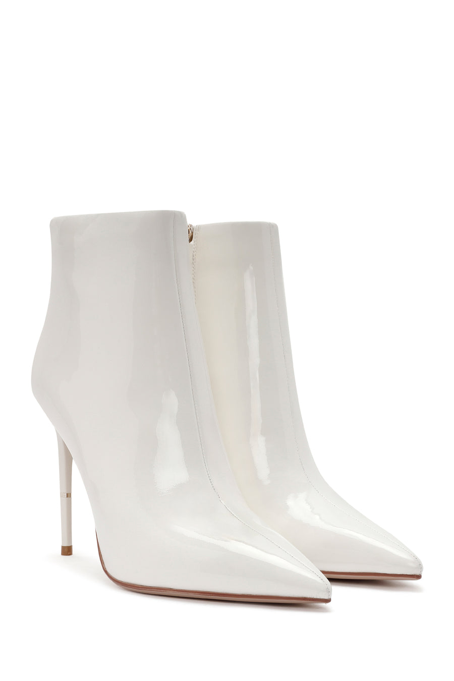 Women's White Zippered Thin Heel Patent Leather Boots
