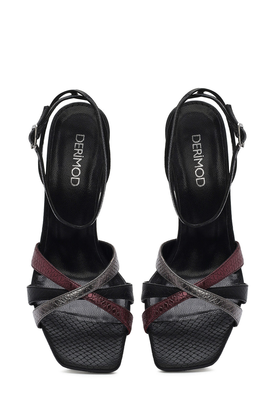Women's Black Ankle Strap Thin High Heel Patterned Leather Sandals