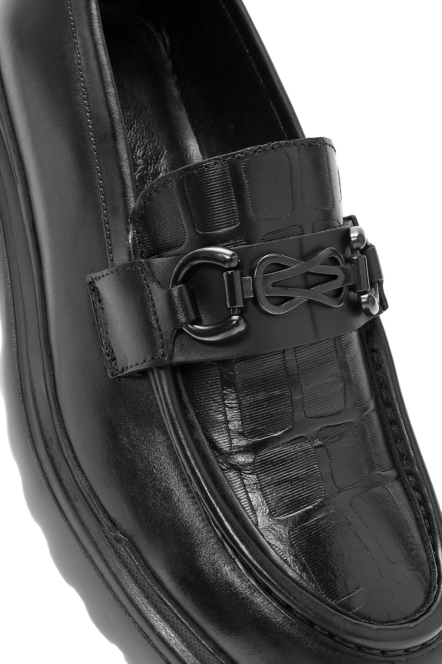 Men's Black Printed Buckle Detailed Leather Loafer
