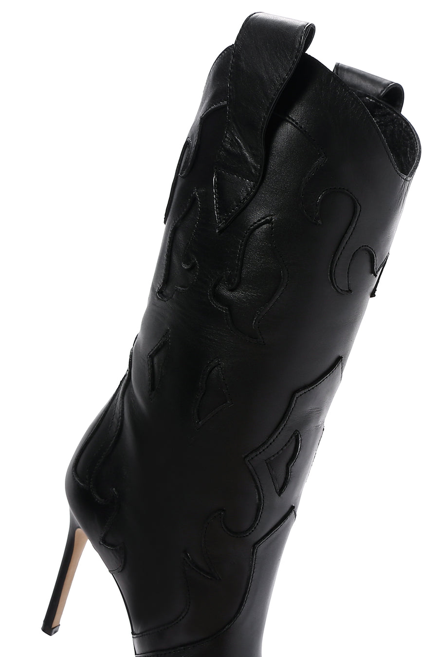 Woman Black Patterned Thin-Heeled Leather Boots